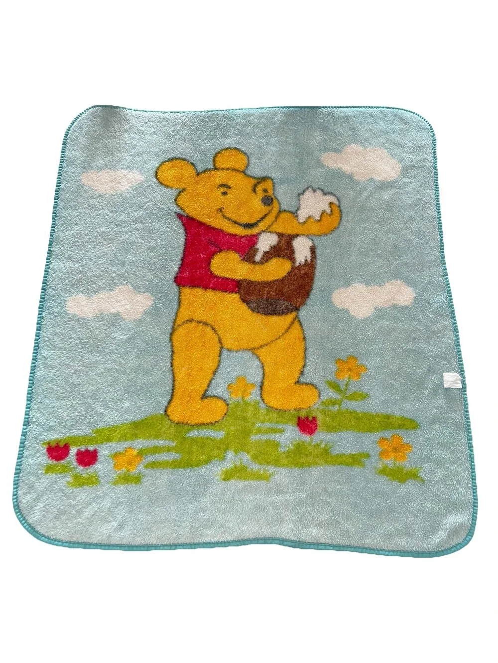 Vintage Winnie the Pooh Honey Pot Light Blue Plush Fleece Blanket Funky Eye VGC